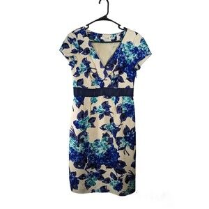 Boden‎ Dress Women 4 Ivory Blue Floral V Neck Wool Silk Blend Cocktail Business